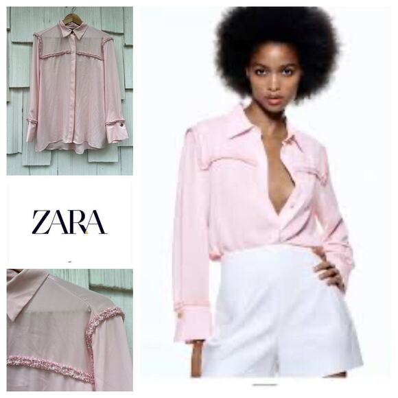 Zara‎ Women's Long Sleeve Pink Collared Textured Combination Shirt, Size M NWT - Picture 1 of 9